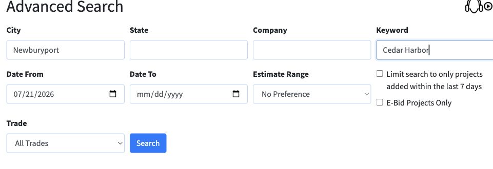 This example combines City: Newburyport and Keyword: Cedar Harbor. Add only the other filters you need.