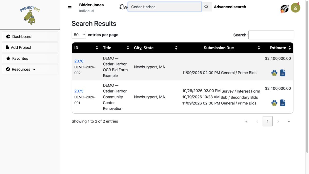 Enter a project keyword and press Enter or select the magnifying glass. Advanced search is beside this box.