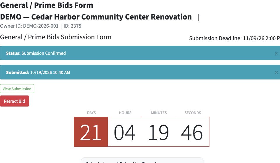 The submitted general bid shows its timestamp and a link to the response package.