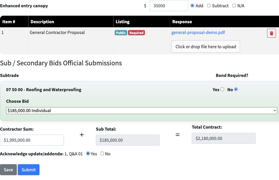 Bidder-facing example: the form collects the proposal and alternate, then combines an official trade selection with the Contractor Sum.