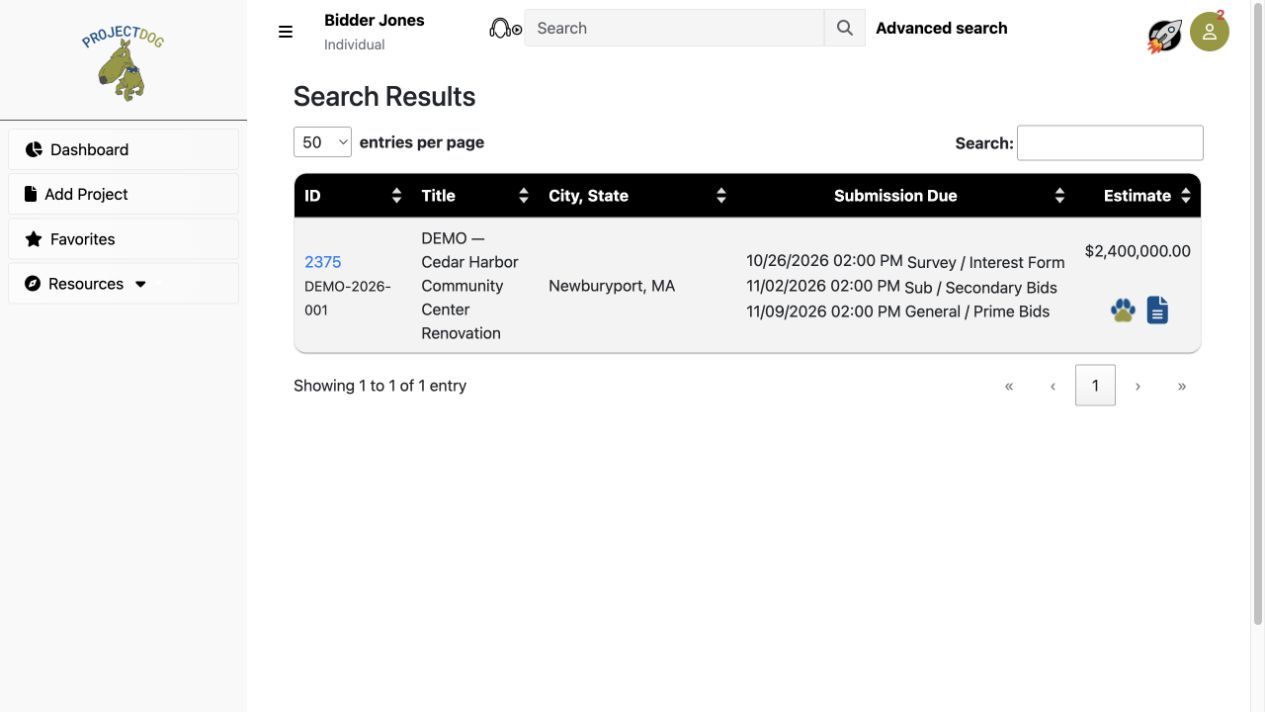 Select the project ID in the results to see its documents, deadlines and available response modules.