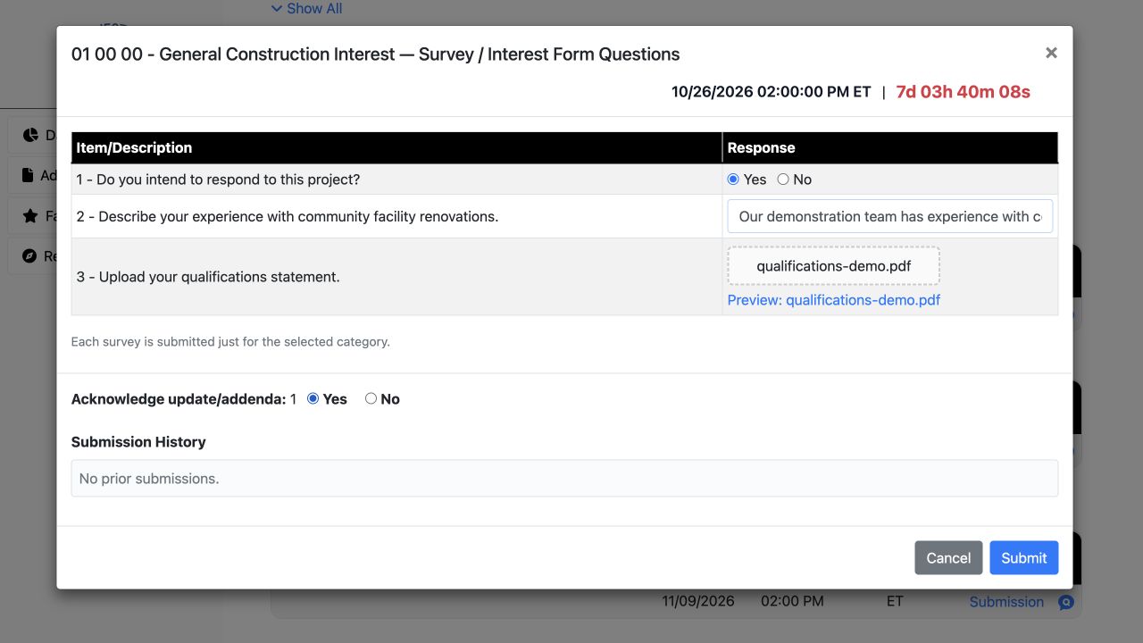 Answer the questions, attach qualifications and acknowledge the addendum before submitting.