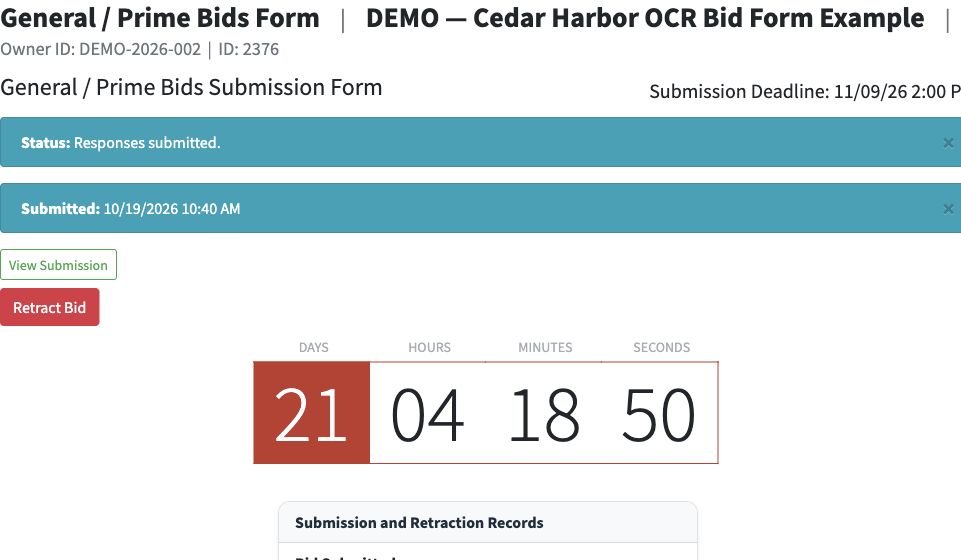 The OCR response receives a submission timestamp after the separate Submit action.
