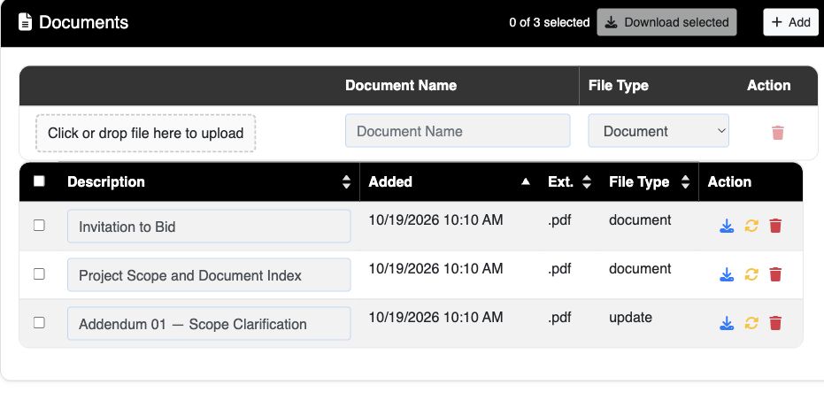 The example groups the invitation, project scope and addendum in one document list.