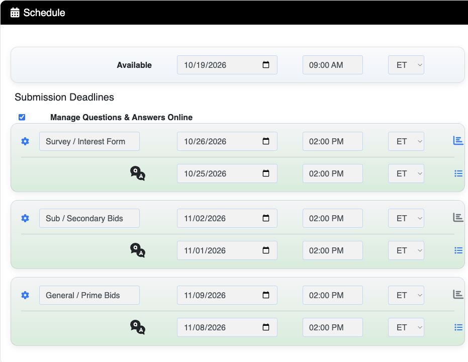The example shows separate Survey/Interest Form, Sub/Secondary Bid and General/Prime Bid deadlines with time zones.