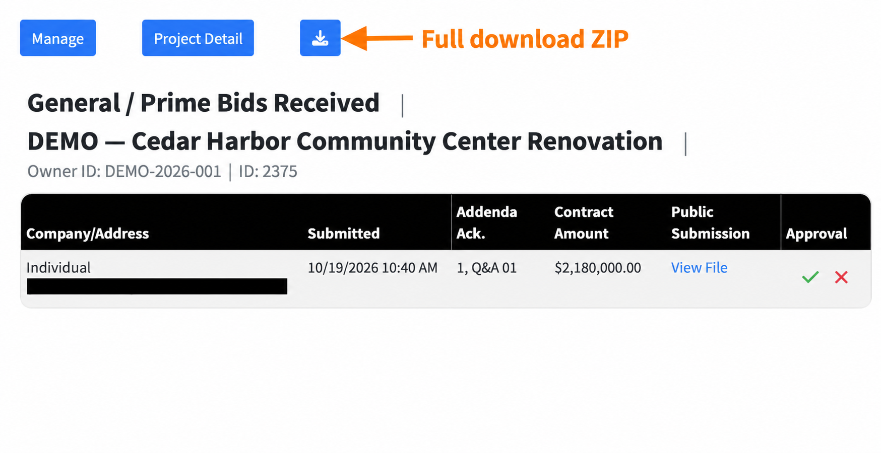 On General/Prime Bids Received, select the download button above the bid records to prepare the full ZIP. Save the completed download with your project’s procurement records.