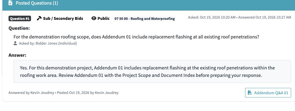 The roofing clarification is posted via addendum with a link to the Q&A document.