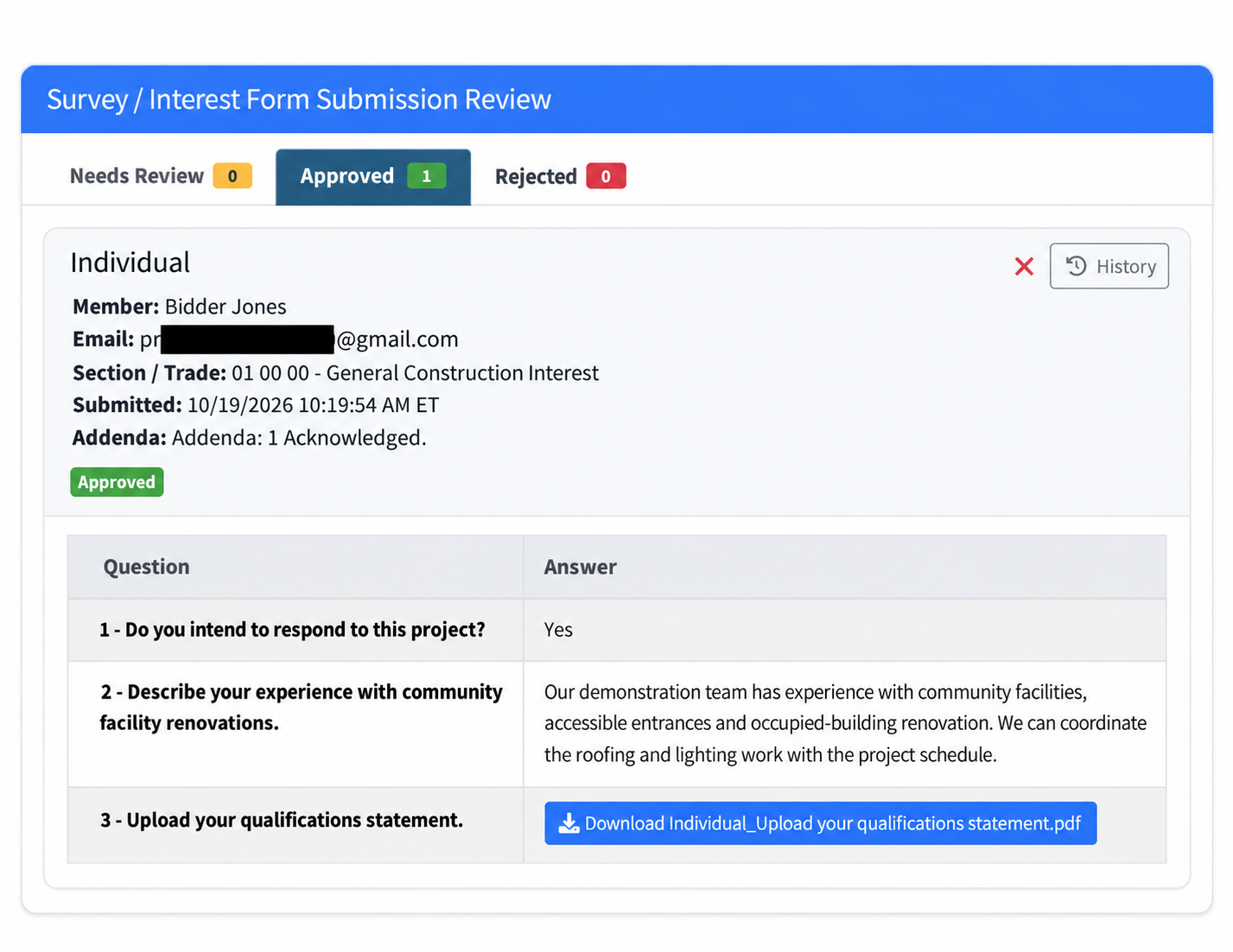 Use Needs Review, Approved and Rejected to follow response status. This approved record shows the participant’s answers, qualifications file, submission details and History control.